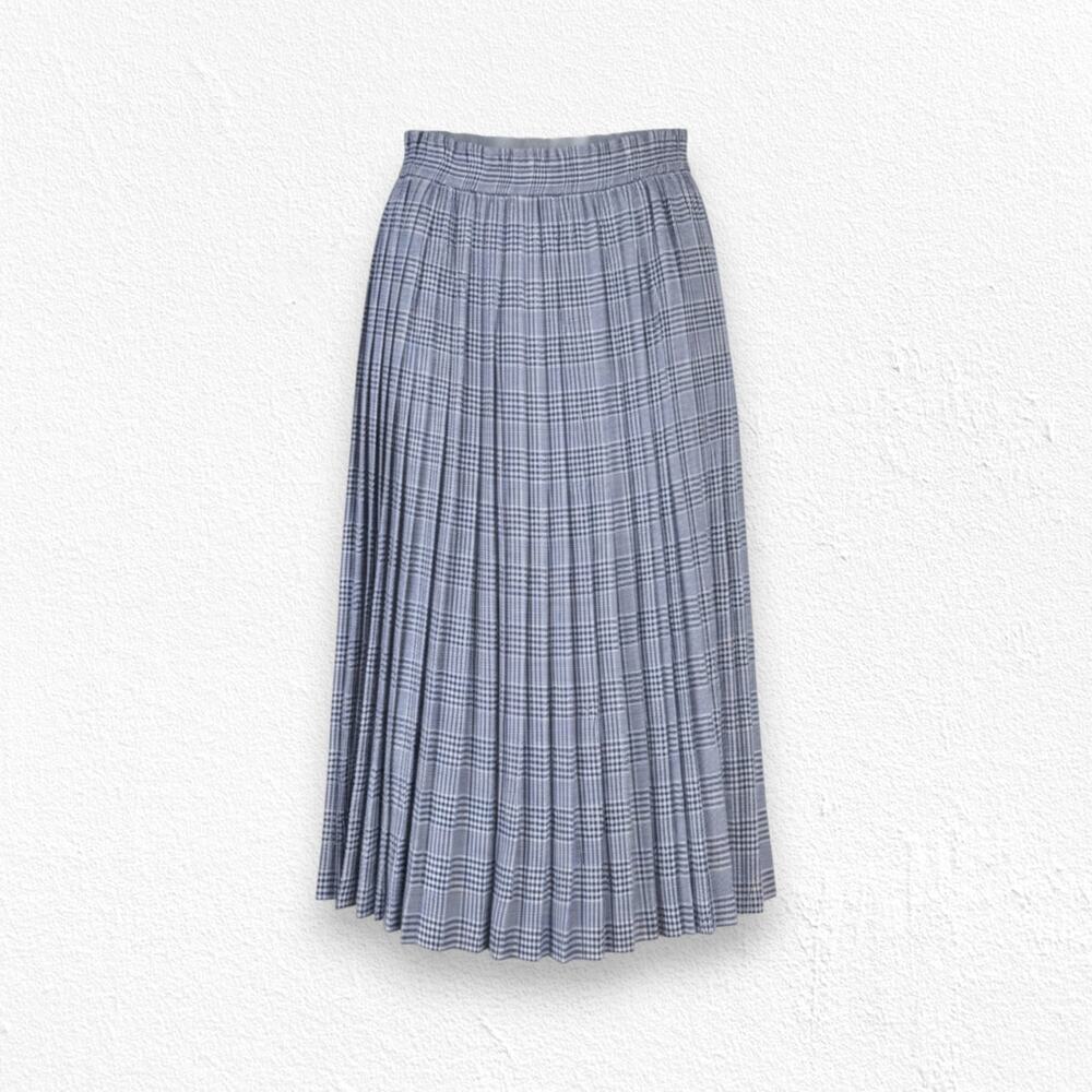 80s Vintage Liz Sport Blue White Plaid High Waisted Pleated Midi Skirt Size 10